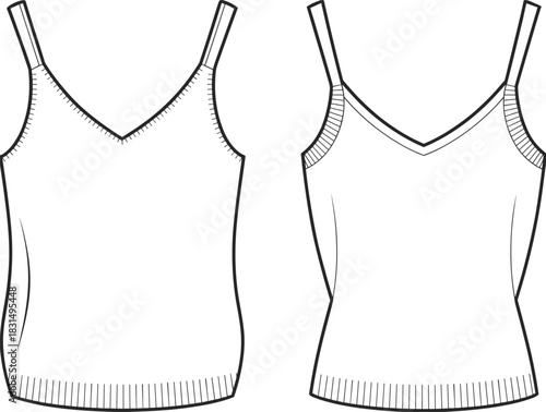 Women’s sleeveless V-neck tank top, ribbed hem, slim fit, casual wear, fashion design, technical CAD drawing, flat vector illustration