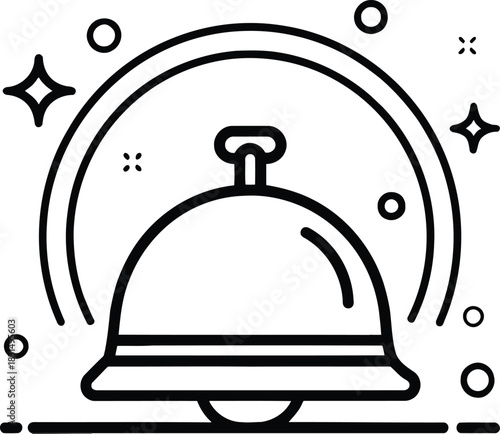 Illustration of a black and white service bell with sparkles and circles around it on a white background