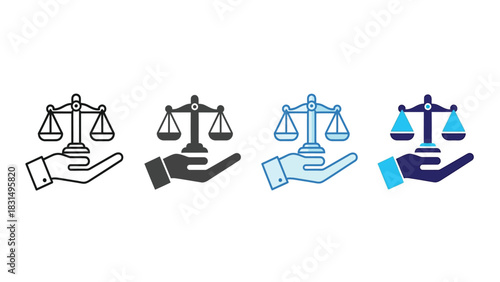 Hand Holding Balance Scale Icon Set: Vector Illustration for Law, Justice, and Legal Services Symbols in Multiple Styles