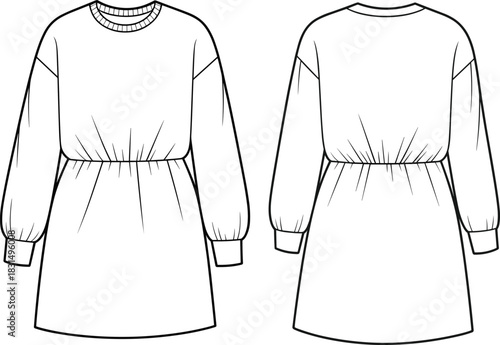 Women’s sweatshirt dress flat sketch with long sleeves and elastic waist, front and back CAD technical fashion drawing