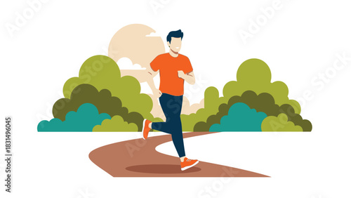 Man jogging in the park path, outdoor running and fitness vector illustration
