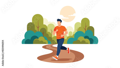 Young Man Jogging Outdoors on a Path in the Park. Vector Illustration of a Male Athlete Exercising in Nature, Promoting Fitness and Healthy Lifestyle