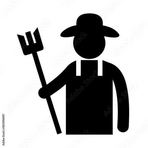 Farmer wearing a hat and overalls holding a pitchfork silhouette