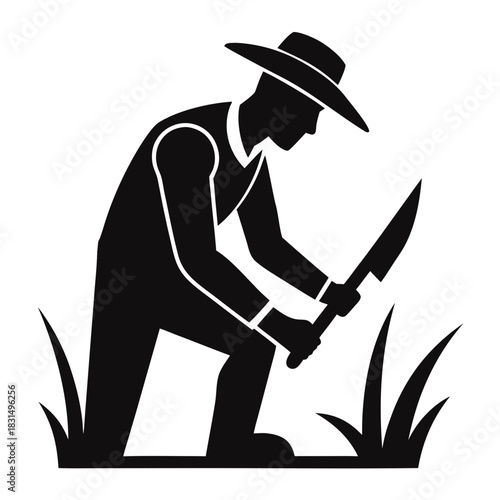 Farmer in hat with scythe harvesting crops in field silhouette