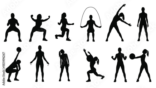 Female Workout and Fitness Exercise Silhouettes Set - Vector Illustration