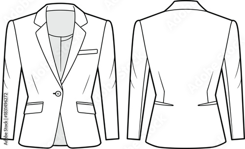 Women’s tailored blazer vector flat sketch, one button front closure, flap pockets, chest welt pocket, fashion CAD drawing design