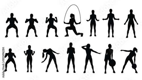 Set of Female Fitness and Workout Silhouettes Performing Various Exercises: Squats, Lunges, Stretching, and Jump Rope. Vector Illustration Collection.