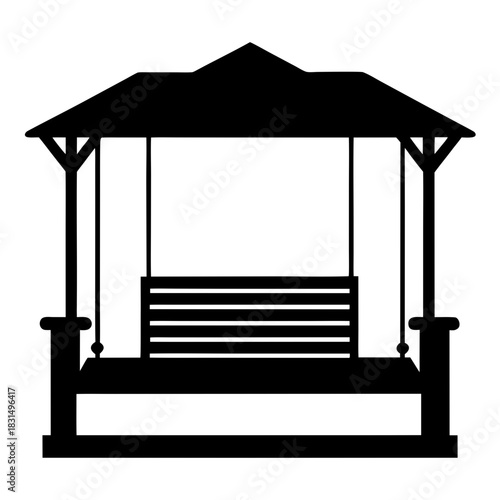 Black silhouette of a wooden garden gazebo with a hanging bench swing