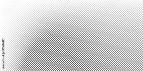 Fading linear gradient texture. Black diagonal stripe gradation background. Thin and thick vanish slanted pattern backdrop. Oblique parallel stroke wallpaper for overlay, print, cover, banner. Vector