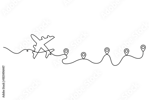 One line drawing of plane flying multi stop travel route map