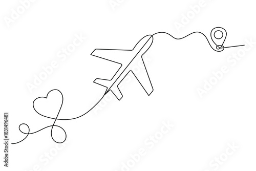 One line art plane heart trail leading to location map pin