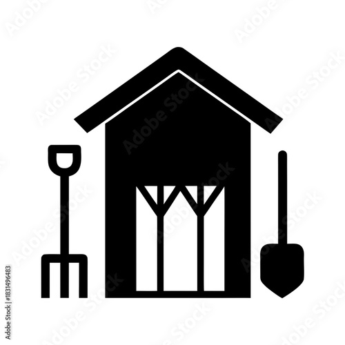 Garden shed with rake and shovel silhouette