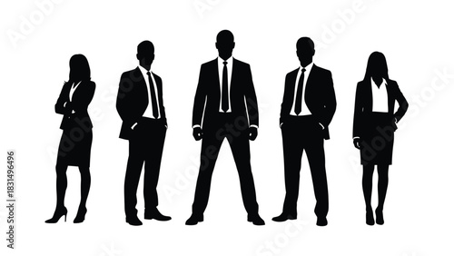 Business People Silhouettes: Group of Professional Men and Women Standing in Suits
