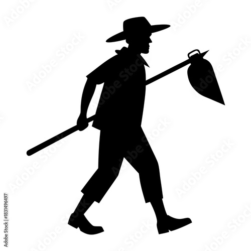 Man with hat and bundle on stick walking silhouette