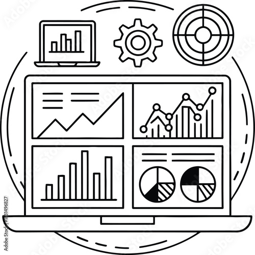 Laptop displaying various charts and graphs with a gear and target icon above it in line art