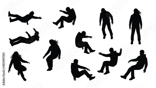 Set of Vector Silhouettes of People Floating, Falling, and Sitting in Mid-Air. Isolated Dynamic Human Figures in Various Freefall Poses.