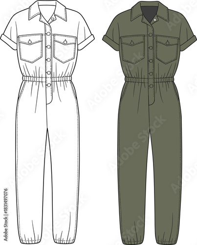 Women’s utility jumpsuit with short sleeves, elastic waist, front button closure, chest flap pockets, rolled cuffs, casual style, CAD technical drawing, vector illustration