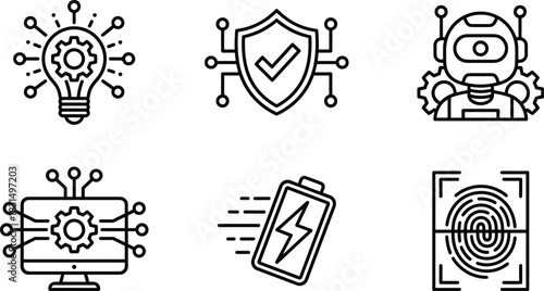 Technology innovation icon set featuring AI robot, cybersecurity shield, biometric fingerprint, digital energy battery, smart idea bulb, and computer automation