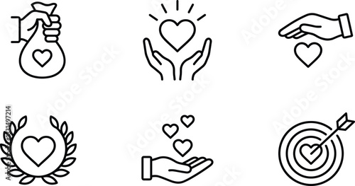 Charity and donation icon set showing hands giving love, generosity symbols, heart support, kindness contribution, volunteer help, and compassionate giving