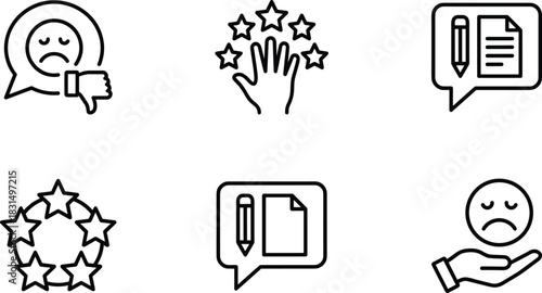 Customer feedback and rating icon set showing reviews, satisfaction levels, evaluations, star ratings, user comments, negative feedback, and opinion assessment