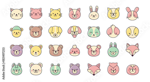 Collection of cartoon animal faces in various colors and styles