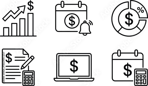 Financial management icon set showing money growth, budget calendar, investment chart, online finance, accounting document, tax calculation, and payment reminder symbols