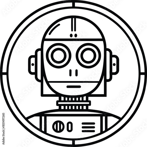A line drawing of a robot inside of a circle with a crosshair design behind the circle outline