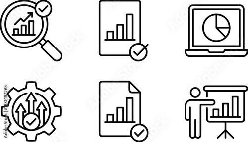 Business analytics icon set with growth chart, data report, performance check, presentation, optimization gear and laptop pie chart illustration