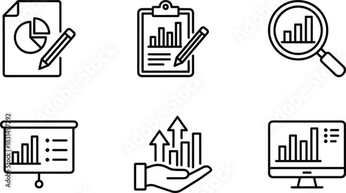 Business analytics line icon set showing data reports, chart presentations, growth analysis, market research, performance review, financial statistics and strategic planning graphics