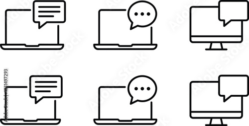 Laptop and computer chat bubble icon set representing online messaging, digital communication, virtual conversation, tech support, social media chat and web communication