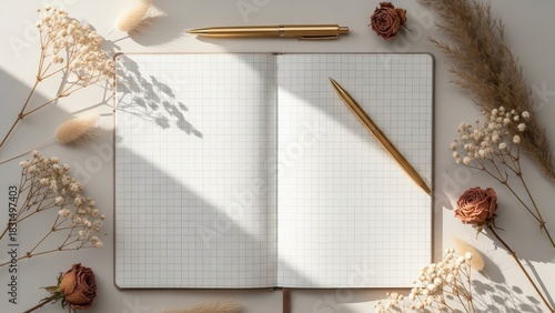 Open notebook with golden pen and dried flowers in sunlight