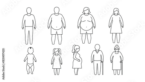 Vector Line Icons Set of Human Body Shapes and Demographics: Thin, Overweight/Obese, Pregnant Woman, Infant, Child, and Elderly People Figures