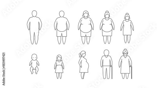 Human Life Stages and Body Mass Index Line Icons Set. Overweight, Normal Weight, Pregnant, Child, and Elderly People Vector Illustration