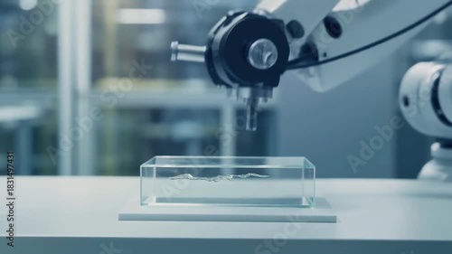 Robotic arm manipulating delicate metallic object in liquid