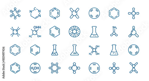 Collection of chemical structures and laboratory equipment icons