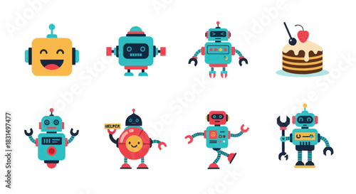 Collection of colorful cartoon robots and a cake on white background