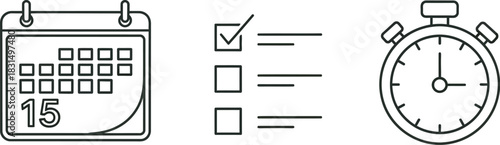Organized planning and time management with calendar, checklist, and stopwatch icons.