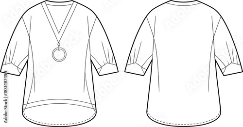 Women’s V-neck top technical flat, fashion blouse with pleated half sleeves, high-low hem cad vector apparel design sketch