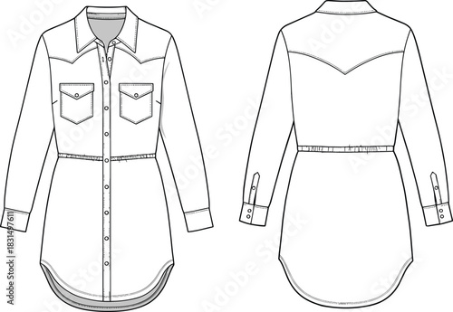 Women’s western shirt dress technical flat sketch – long sleeve, front and back views, button down, curved hem, chest pockets