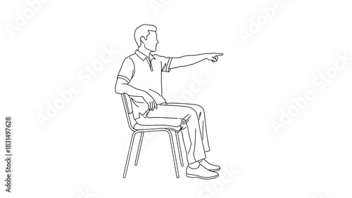 Side view outline vector illustration of a man sitting and pointing his index finger forward, simple continuous linear drawing style