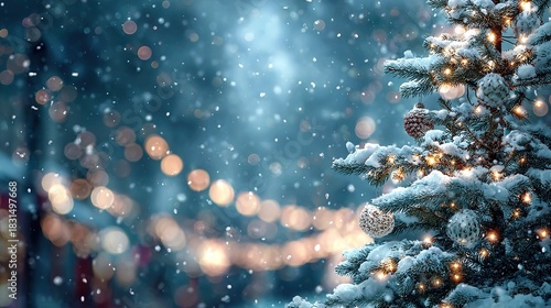 Very beautiful Christmas winter blurred background featuring a snowy decorated Christmas tree illuminated with warm garland lights, creating a magical festive New Year holiday atmosphere in widescreen