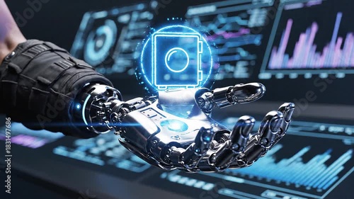 Robotic hand holding a glowing circuit symbol against a datafilled background