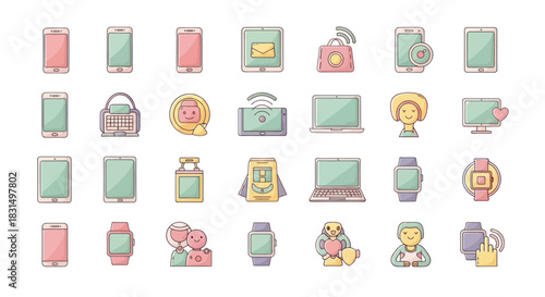Collection of colorful tech icons smartphones tablets laptops and watches