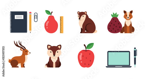 Collection of colorful vector illustrations of animals and objects