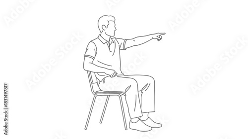 Outline Vector Illustration of a Man Sitting on a Chair and Pointing Direction