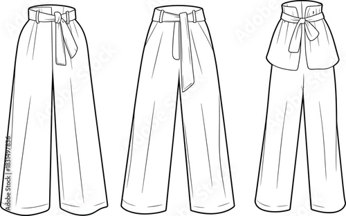 Women’s wide leg pants fashion flat sketch with tie belt waist, high rise design, CAD drawing flat vector illustration