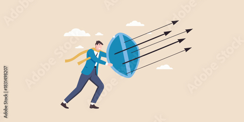 Businessman defending against incoming arrows with a shield