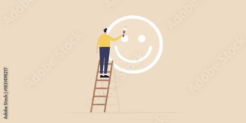 Person painting a large smiley face on a plain background with a ladder