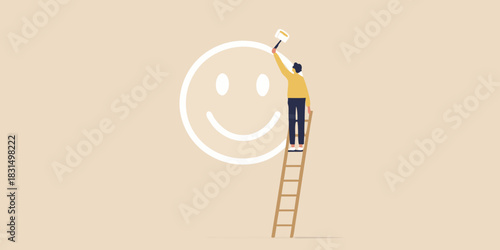 Person painting a large smiley face on a plain background using a ladder