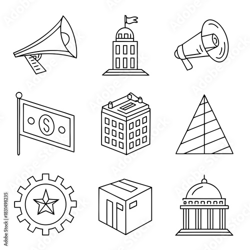 Collection of nine black and white vector icons graphic